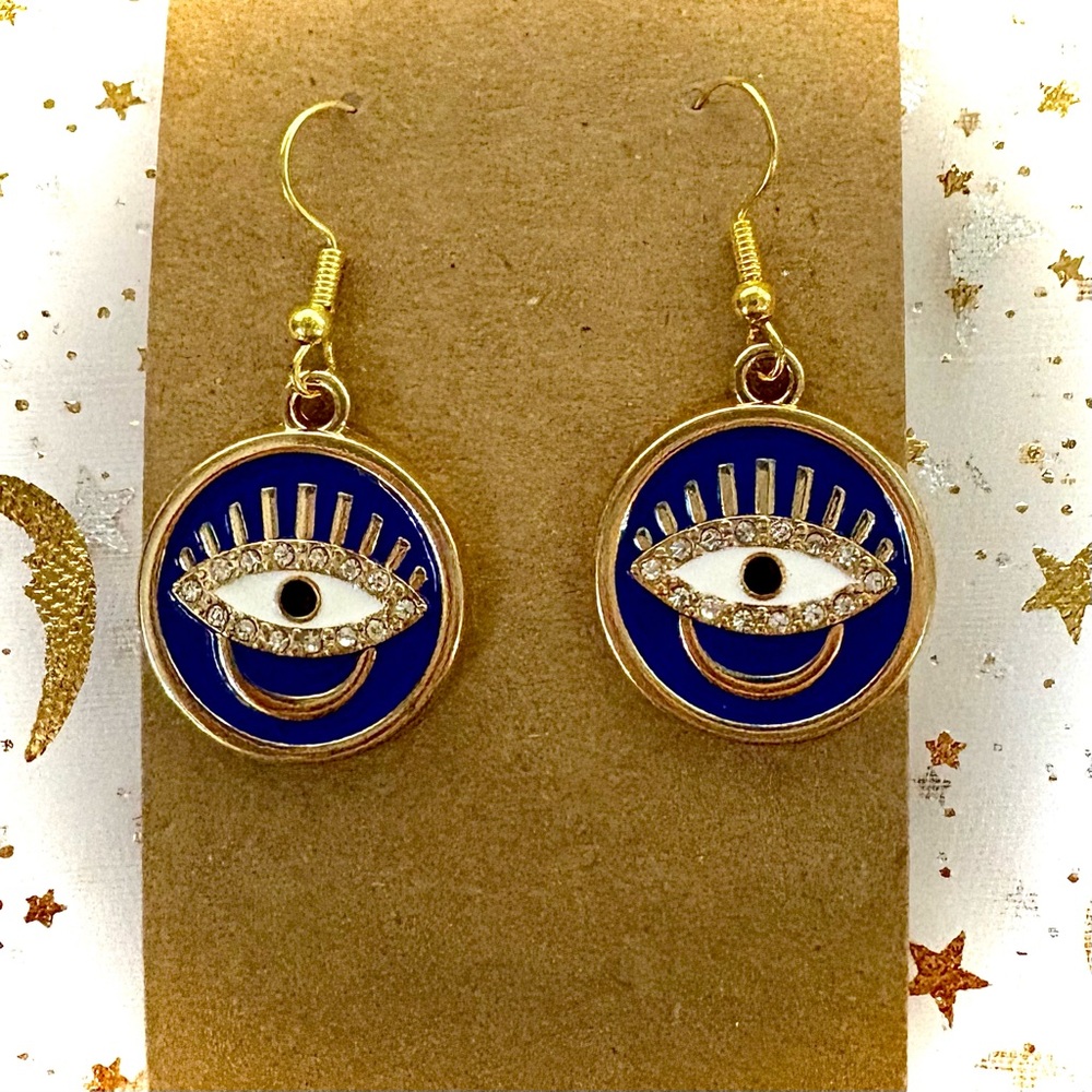 Mystic Blue and Gold CZ and Enamel Evil Eye Earrings